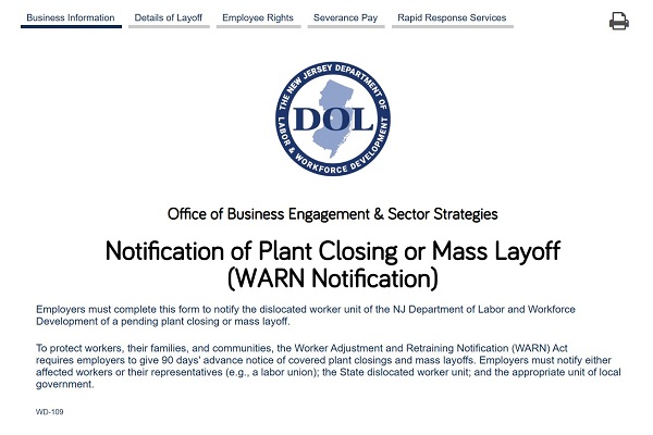 Screenshot of online WARN application
